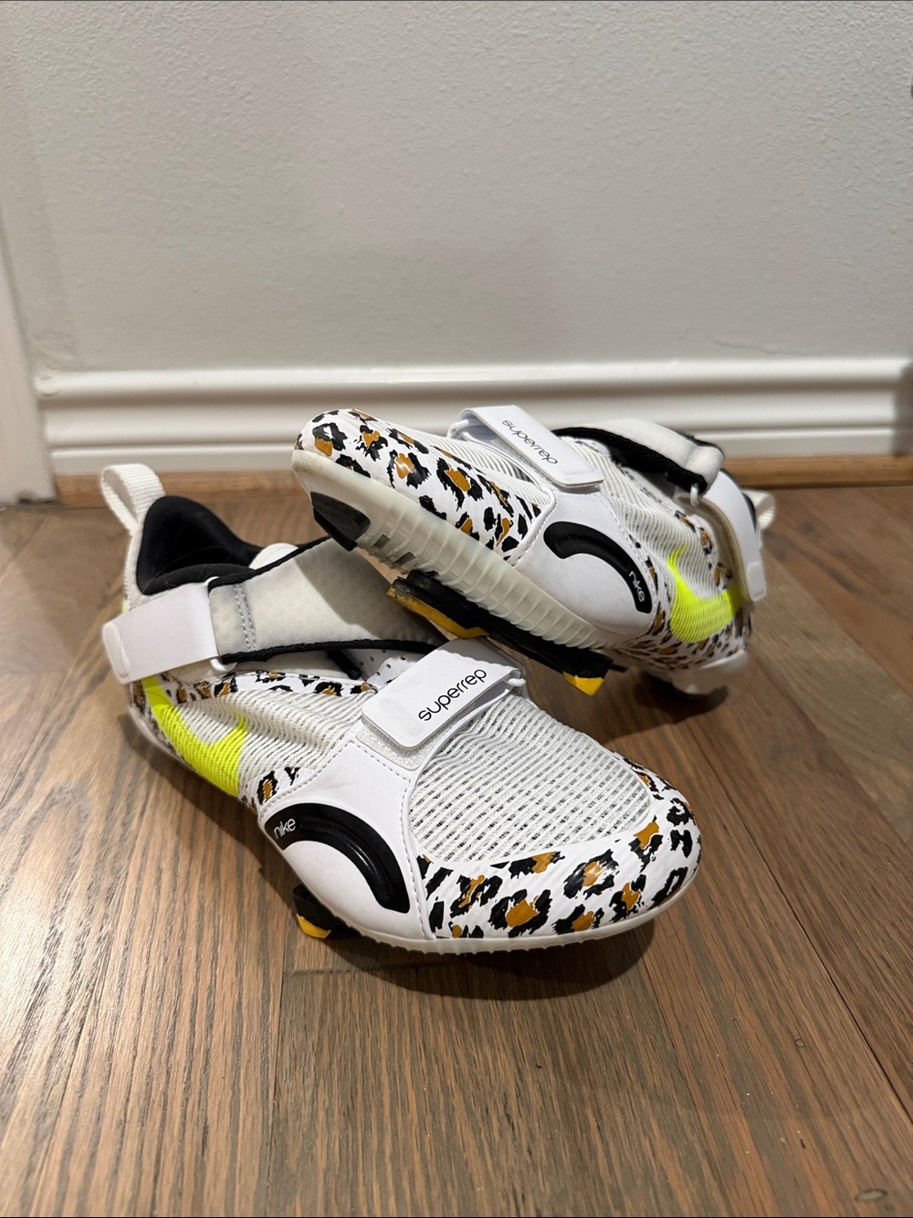 Nike SUPERREP White Leopard-Print Spin/Cycle Sneakers with Neon Yellow Swoosh